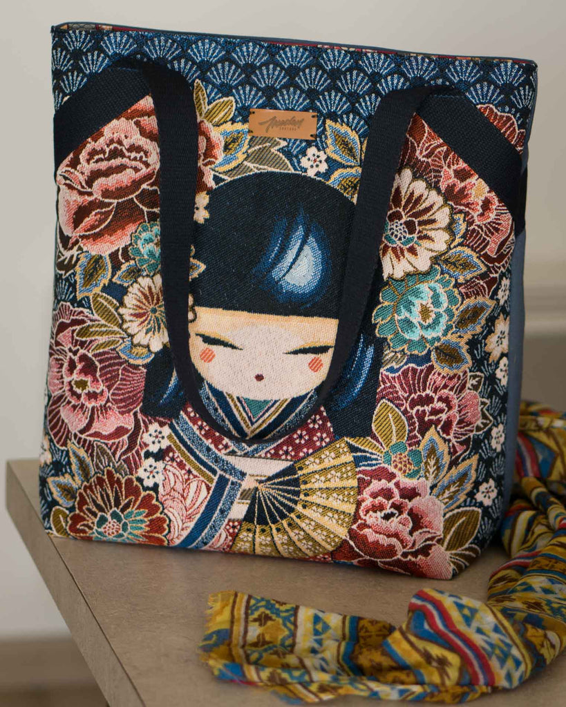 sac pour femme en tissu japonais motif Kokéshi bleu-Ineden Couture