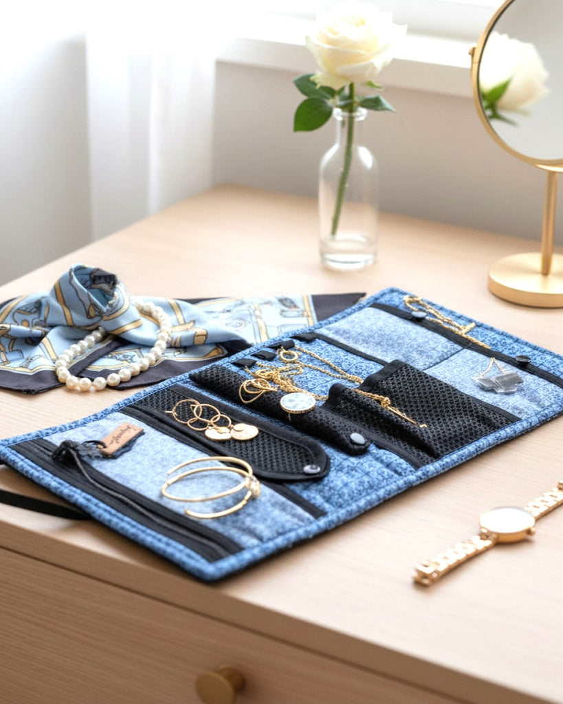 Pochette à bijoux  en tissu bleu et noir ouverte avec ses bijoux