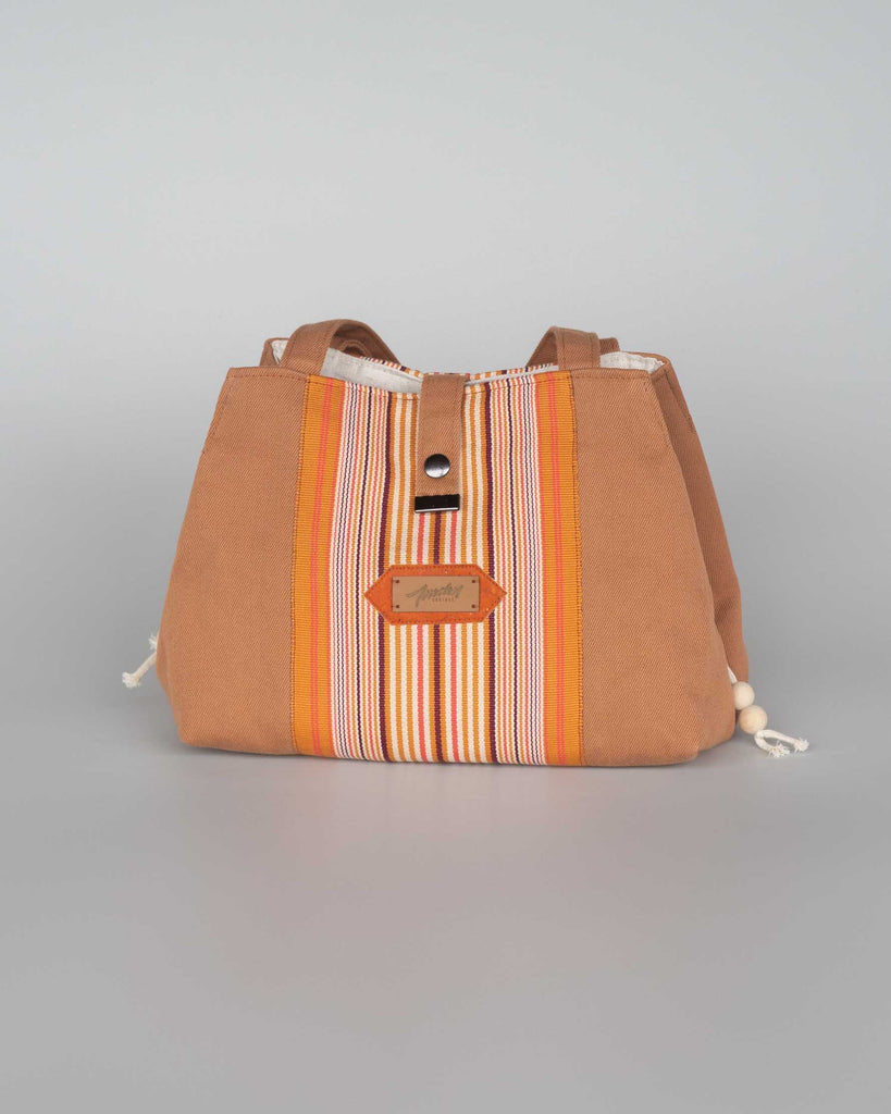 Sac cabas tissu basque couleur noix ,bande rayée orange