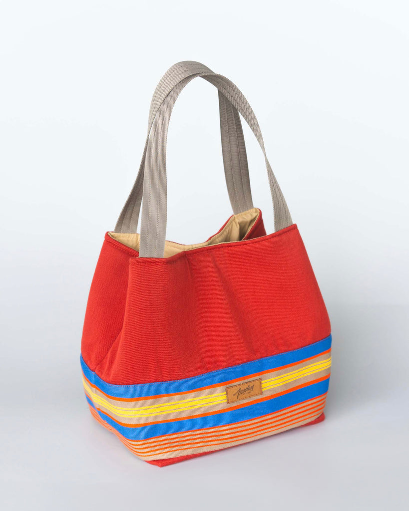 sac tissu rouge uni toile rayée espadrille anses grises