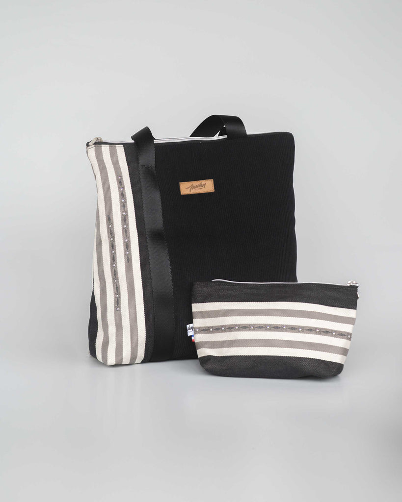 sac en velours noir et rayures avec trousse aasortie