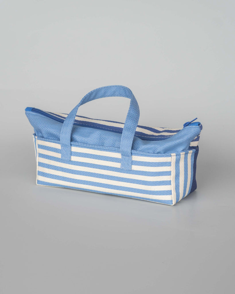 Trousse zippée  avec anses tissu rayé bleu et blanc