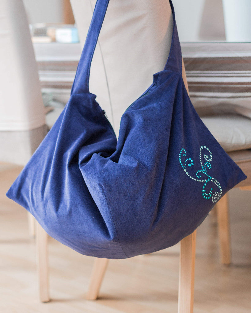 Sac bohème chic tissu velours milleraies bleu marine avec strass- Ineden Couture